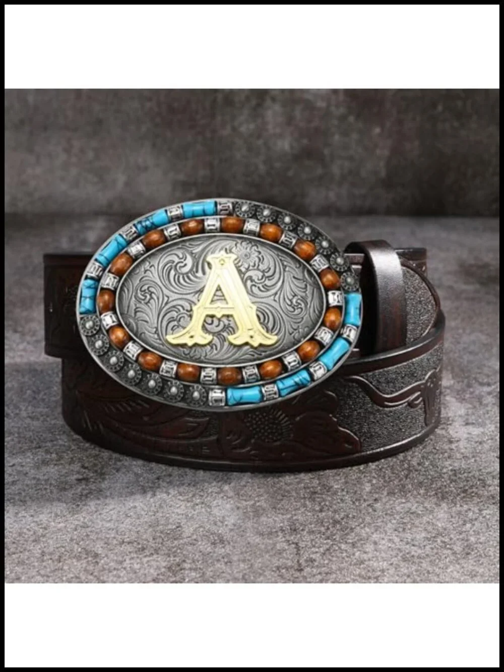 Western Initial Letter Belt Buckle Zinc Alloy Turquoise Design Fits 1.5